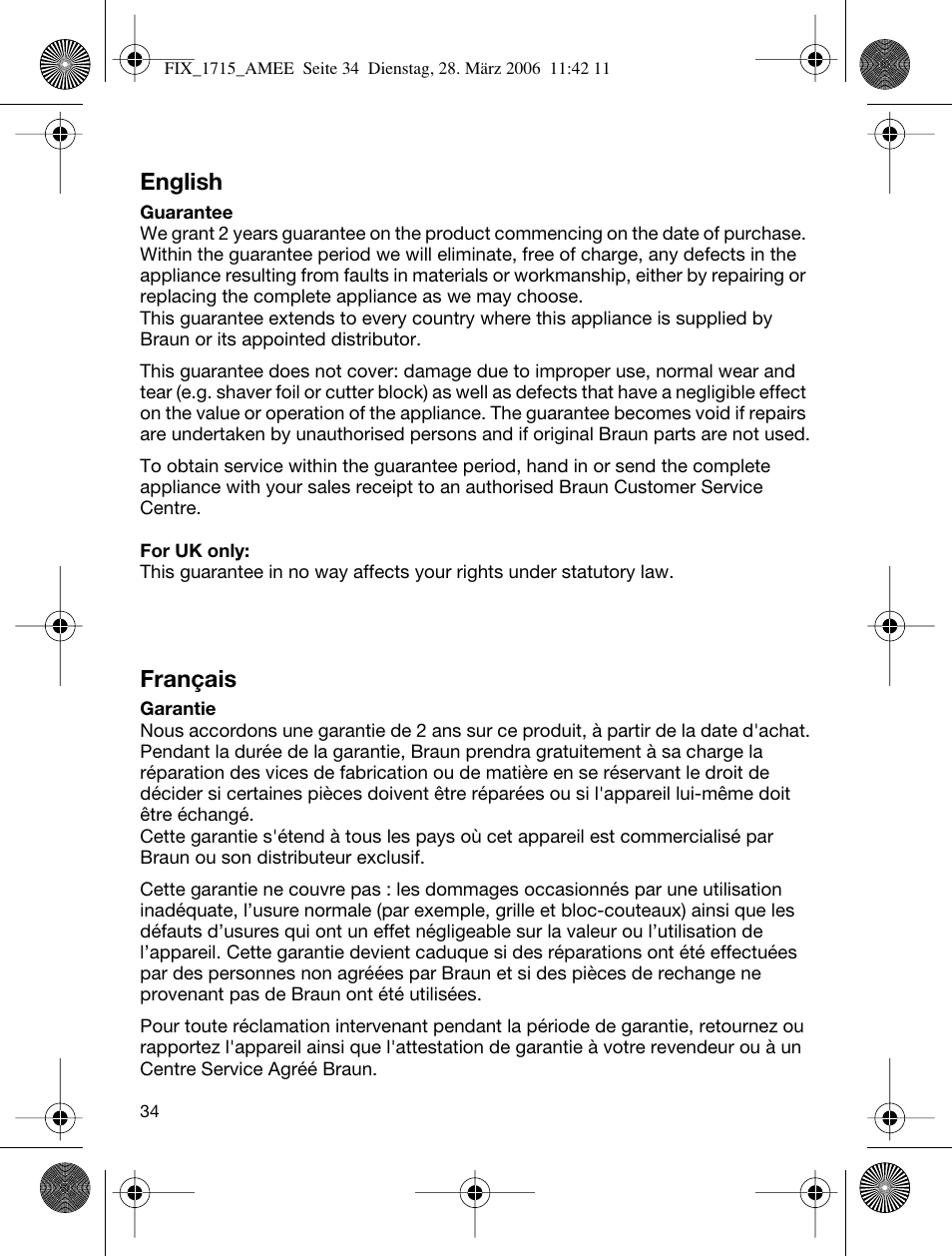 English, Français | Braun 1715 User Manual | Page 33 / 41