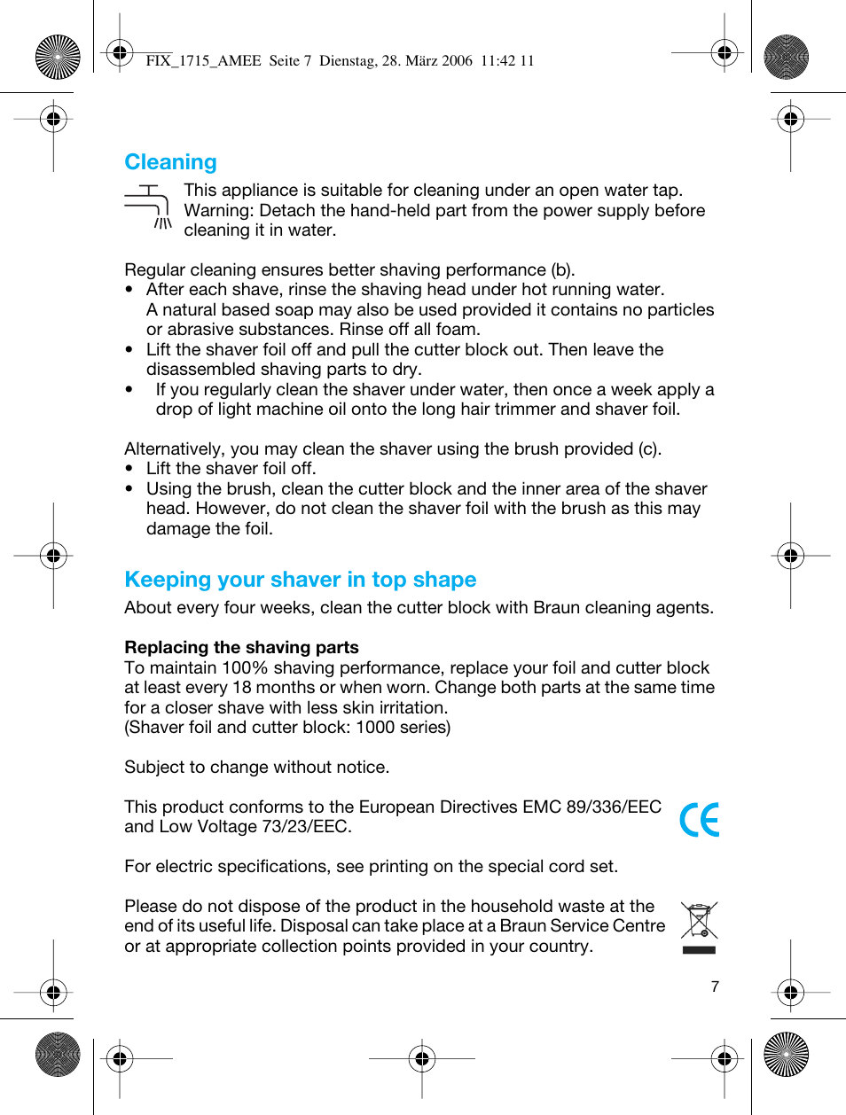 Cleaning, Keeping your shaver in top shape | Braun 1715 User Manual | Page 6 / 41