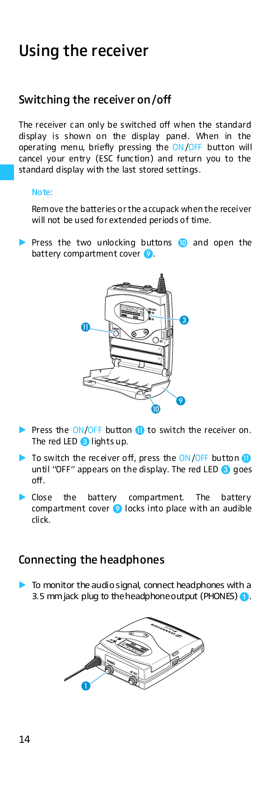 Using the receiver, Switching the receiver on/off, Connecting the headphones | Sennheiser EK 500 G2 User Manual | Page 14 / 33
