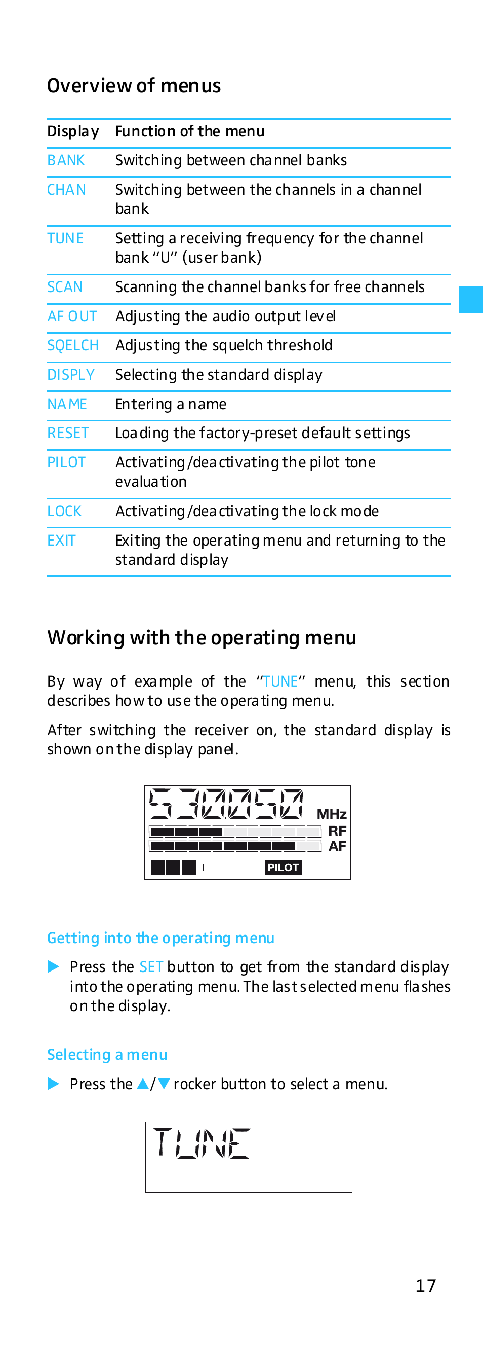 Overview of menus, Working with the operating menu, Getting into the operating menu | Selecting a menu, Overview of menus working with the operating menu | Sennheiser EK 500 G2 User Manual | Page 17 / 33