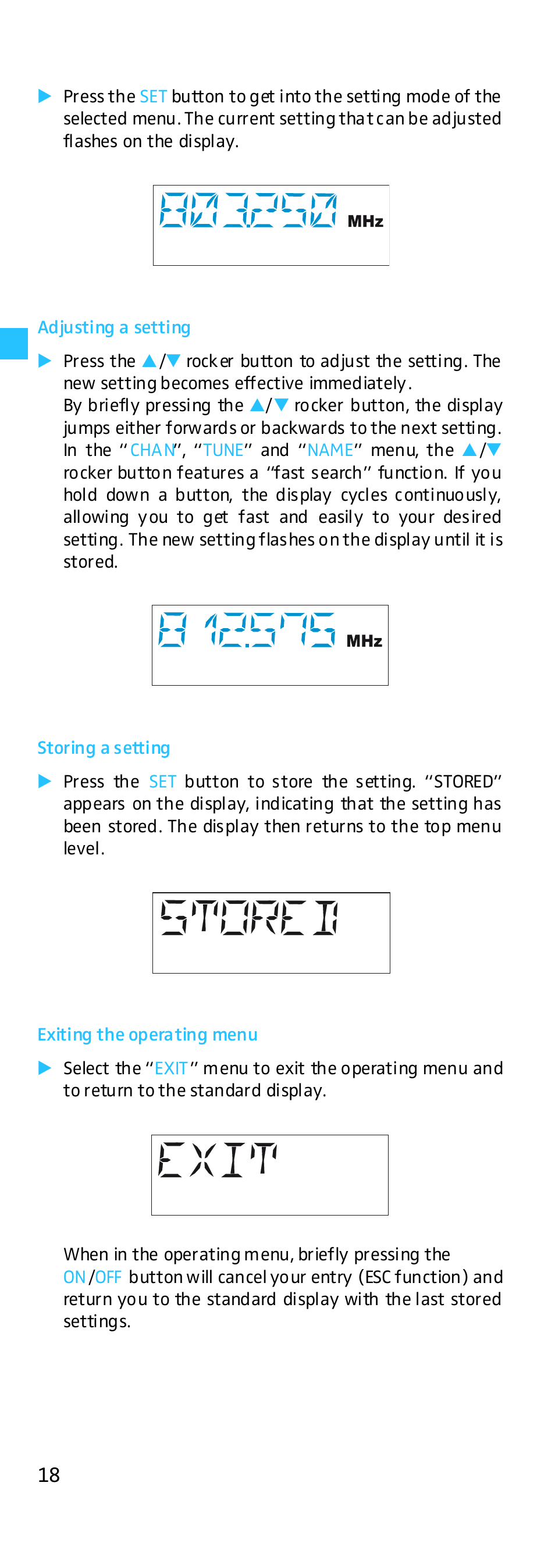 Adjusting a setting, Storing a setting, Exiting the operating menu | Sennheiser EK 500 G2 User Manual | Page 18 / 33