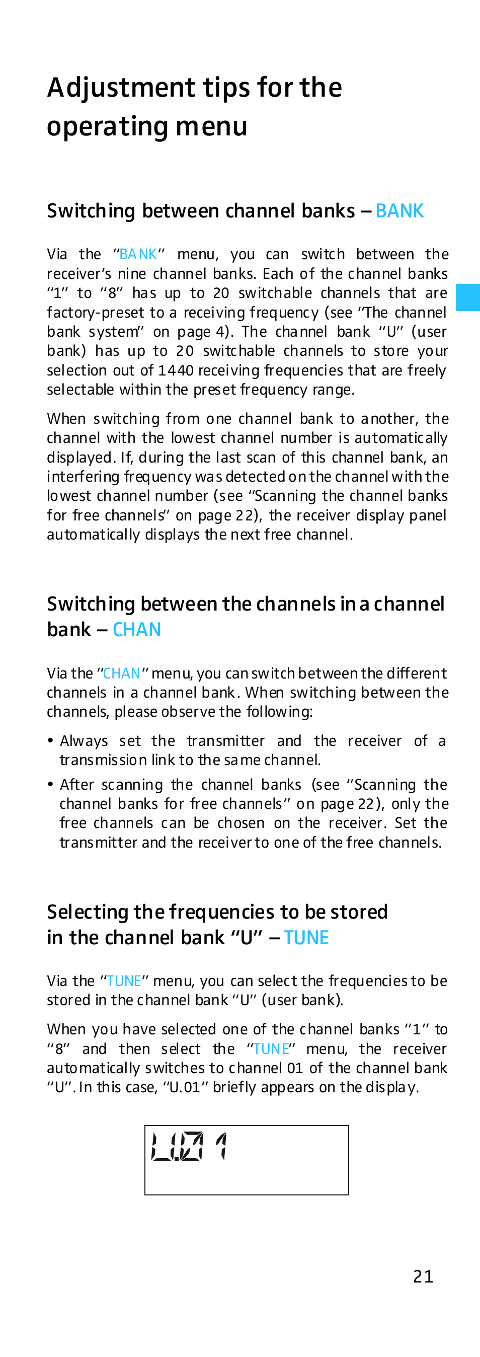 Adjustment tips for the operating menu, Switching between channel banks, Switching between the channels in a channel bank | Switching between channel banks – bank | Sennheiser EK 500 G2 User Manual | Page 21 / 33