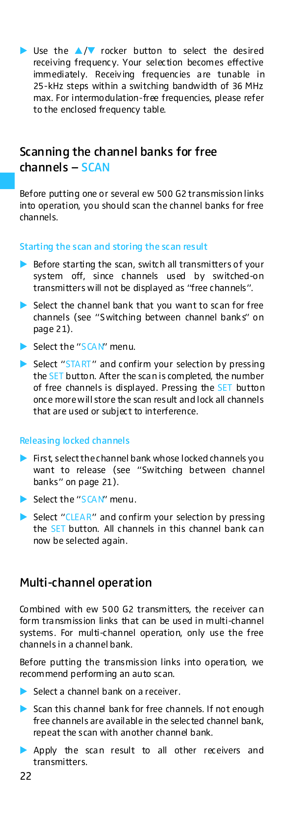 Scanning the channel banks for free channels, Starting the scan and storing the scan result, Releasing locked channels | Multi-channel operation, See “scanning the | Sennheiser EK 500 G2 User Manual | Page 22 / 33