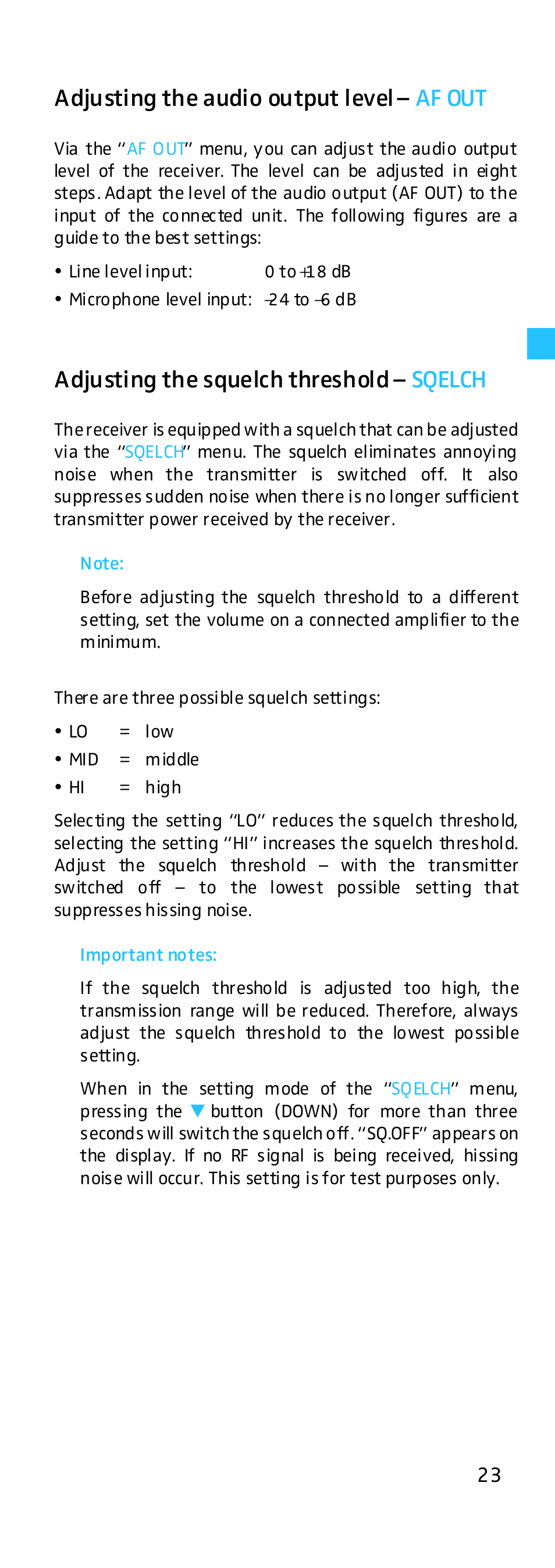 Adjusting the audio output level, Adjusting the squelch threshold, Adjusting the audio output level – af out | Adjusting the squelch threshold – sqelch | Sennheiser EK 500 G2 User Manual | Page 23 / 33