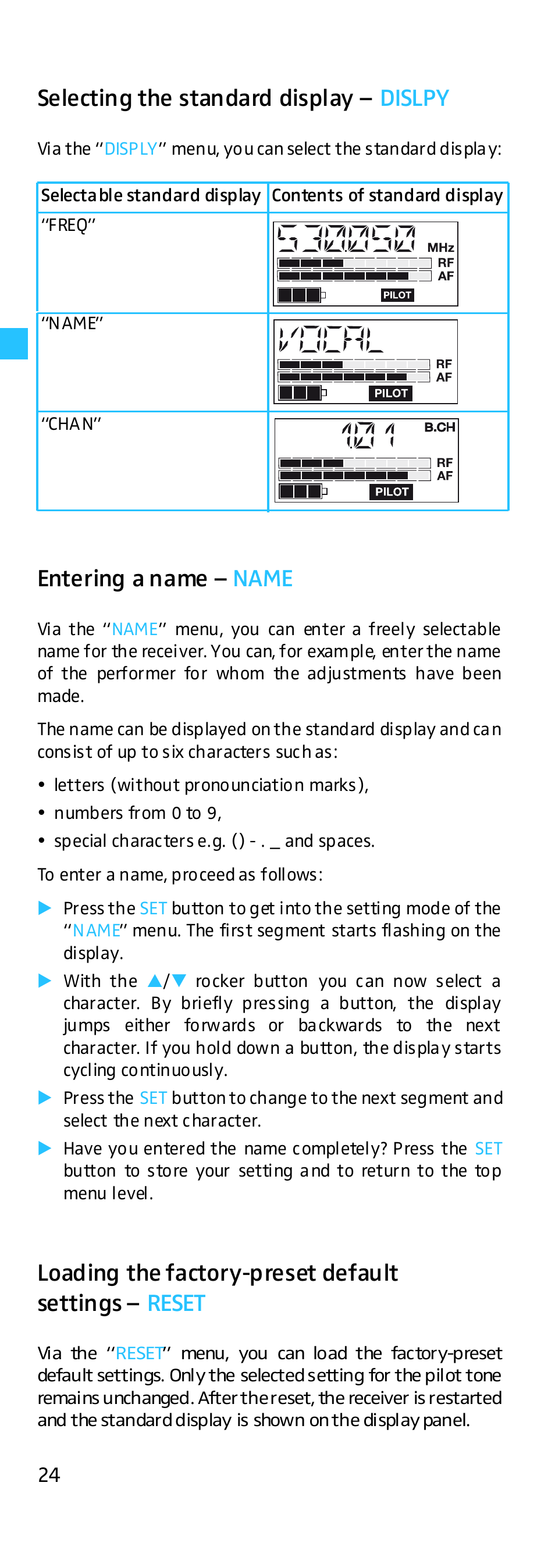 Selecting the standard display, Entering a name, Loading the factory-preset default settings | Selecting the standard display – dislpy, Entering a name – name | Sennheiser EK 500 G2 User Manual | Page 24 / 33