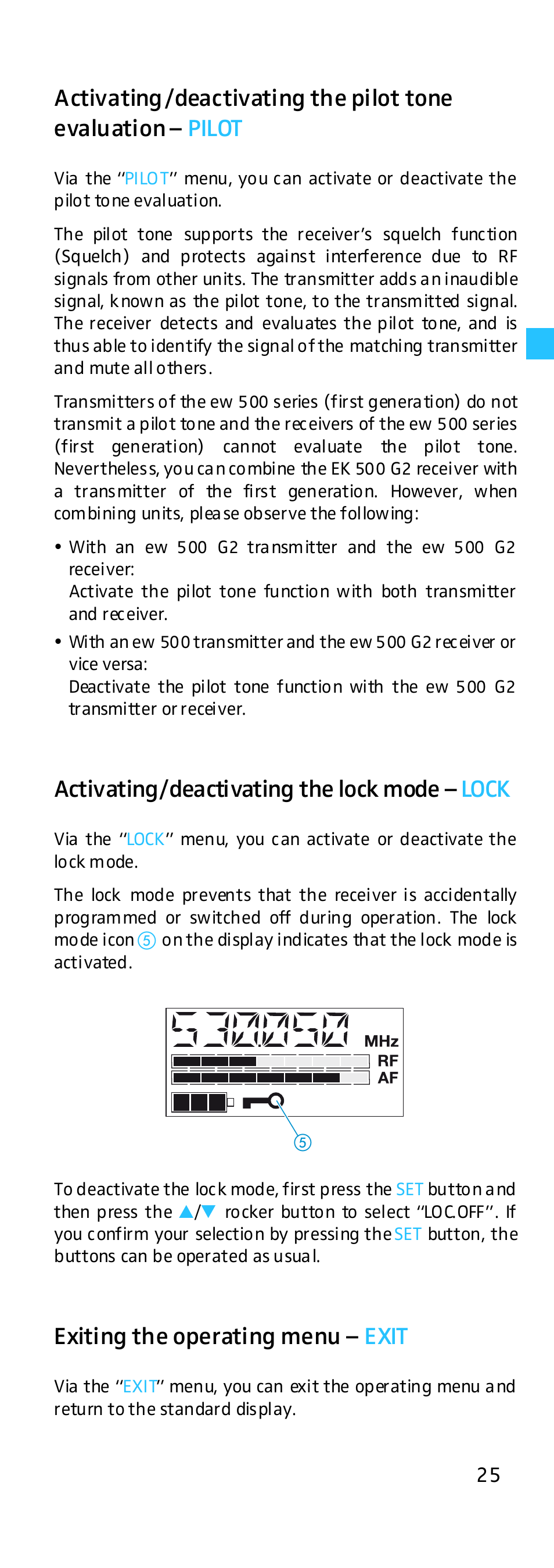 Activating/deactivating the pilot tone evaluation, Activating/deactivating the lock mode, Exiting the operating menu | Activating/deactivating the lock mode – lock, Exiting the operating menu – exit | Sennheiser EK 500 G2 User Manual | Page 25 / 33