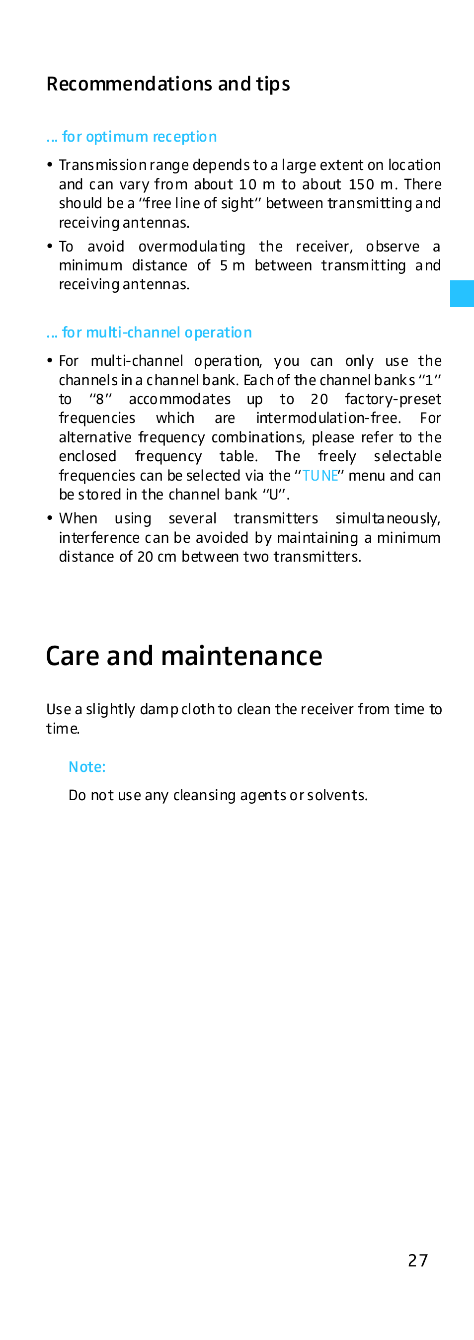 Recommendations and tips, For optimum reception, For multi-channel operation | Care and maintenance | Sennheiser EK 500 G2 User Manual | Page 27 / 33