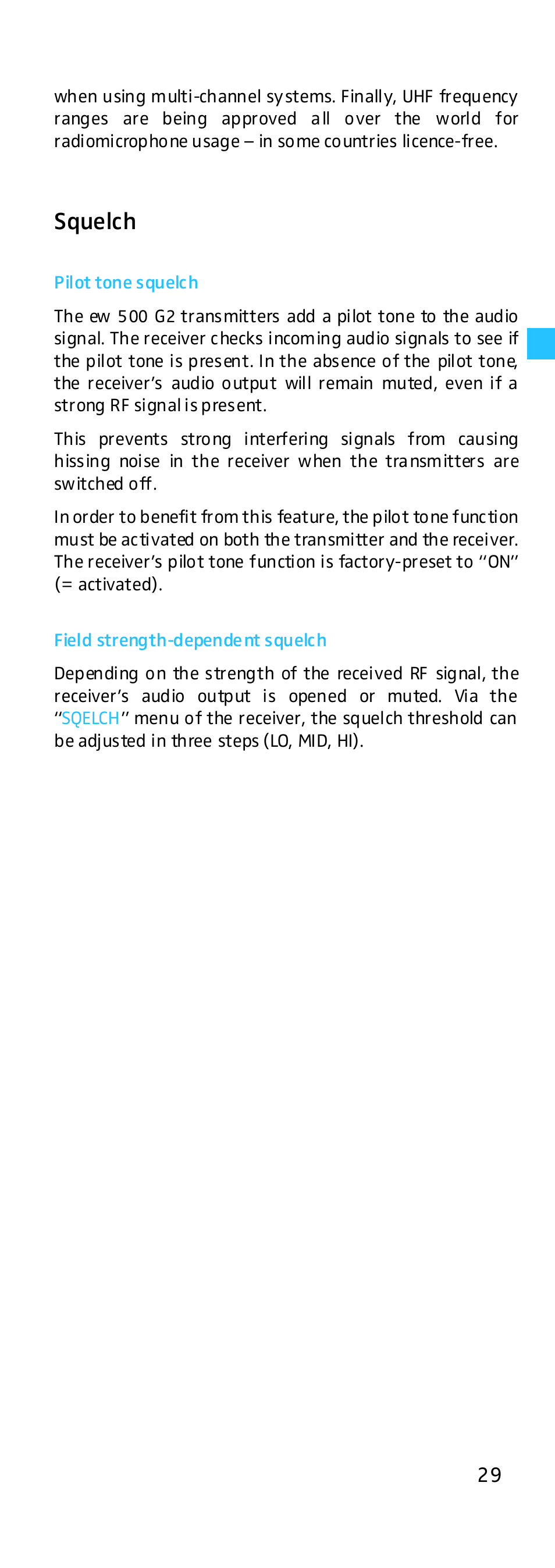 Squelch, Pilot tone squelch, Field strength-dependent squelch | Sennheiser EK 500 G2 User Manual | Page 29 / 33