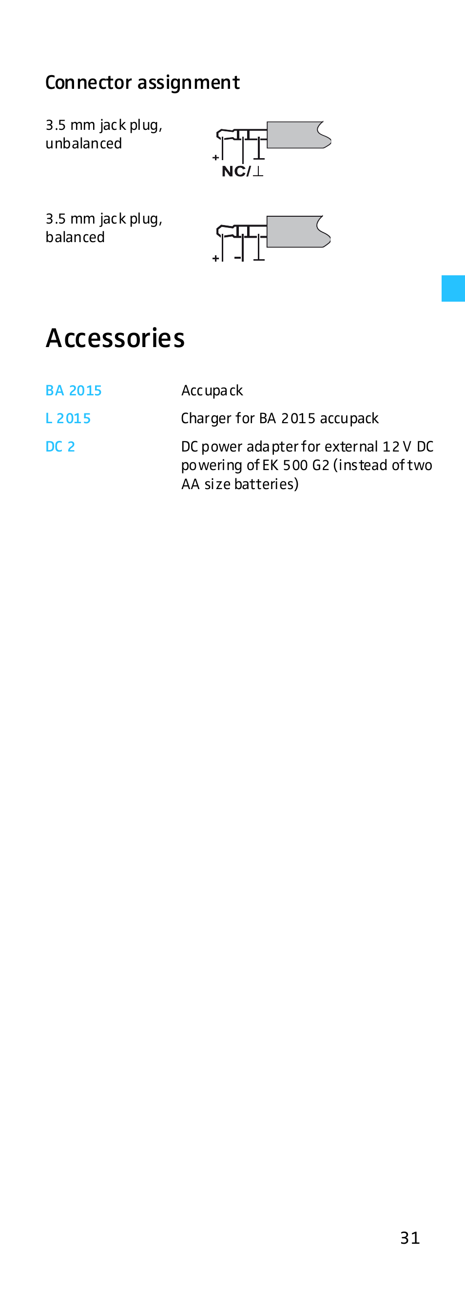 Connector assignment, Accessories | Sennheiser EK 500 G2 User Manual | Page 31 / 33