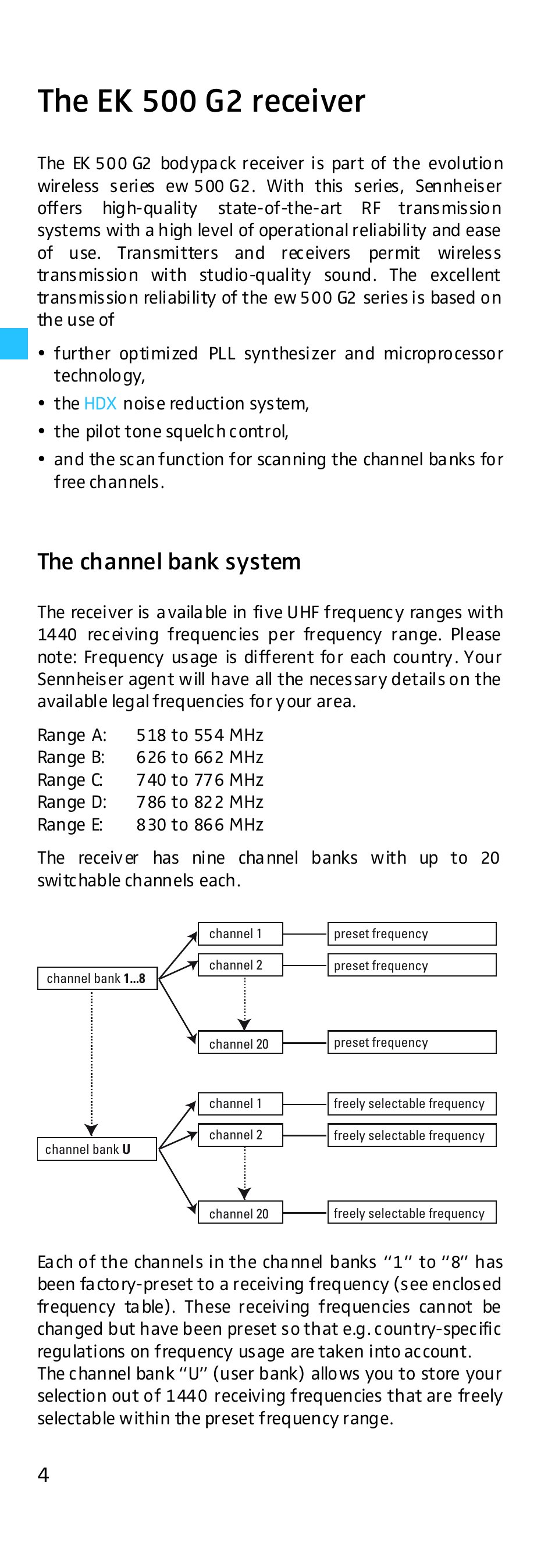 The ek 500 g2 receiver, The channel bank system | Sennheiser EK 500 G2 User Manual | Page 4 / 33