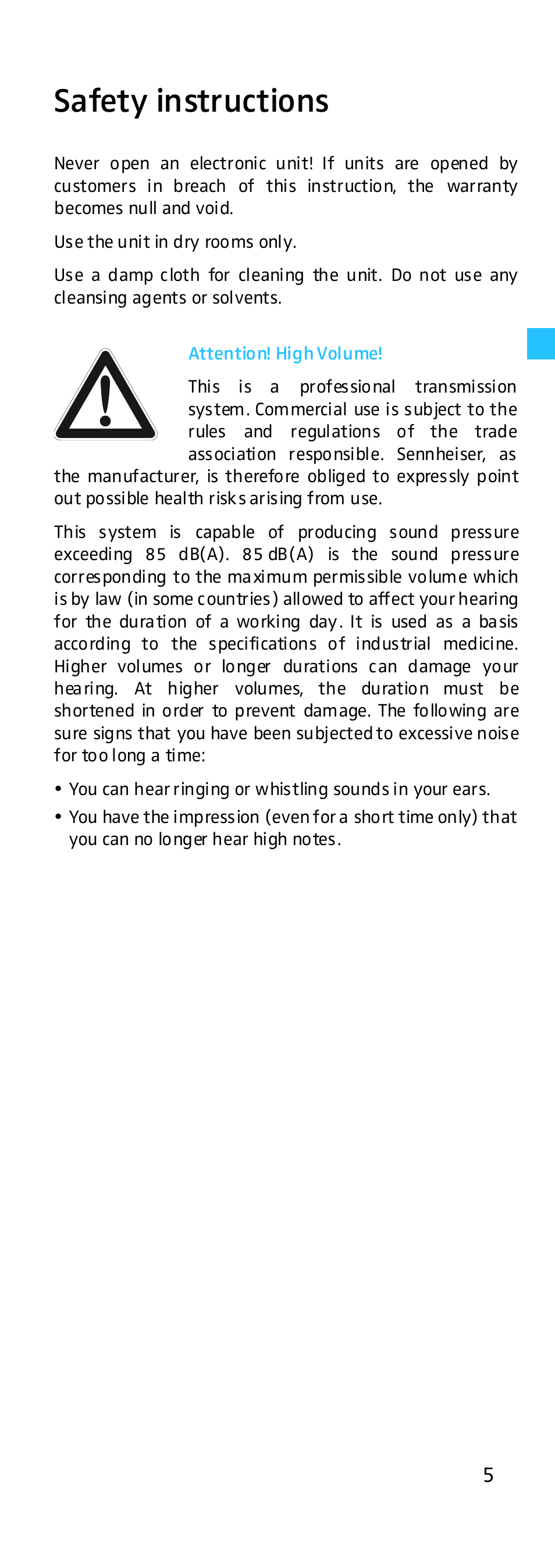 Safety instructions, Attention! high volume | Sennheiser EK 500 G2 User Manual | Page 5 / 33