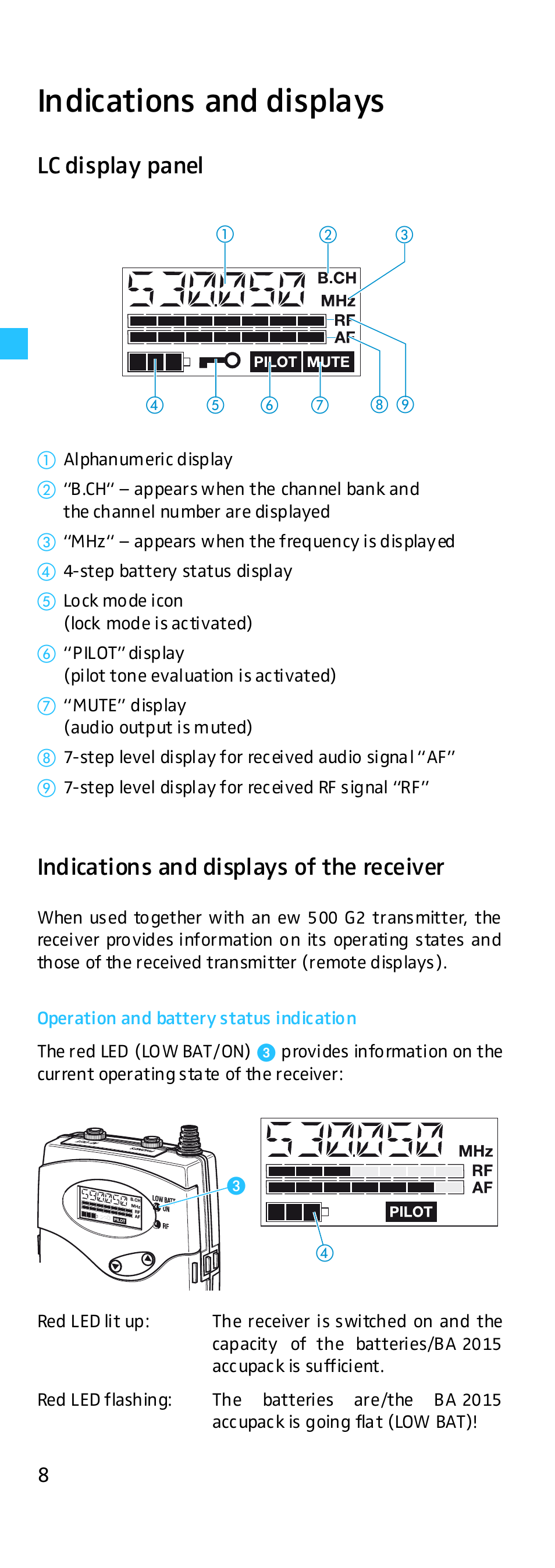 Indications and displays, Lc display panel, Indications and displays of the receiver | Operation and battery status indication | Sennheiser EK 500 G2 User Manual | Page 8 / 33