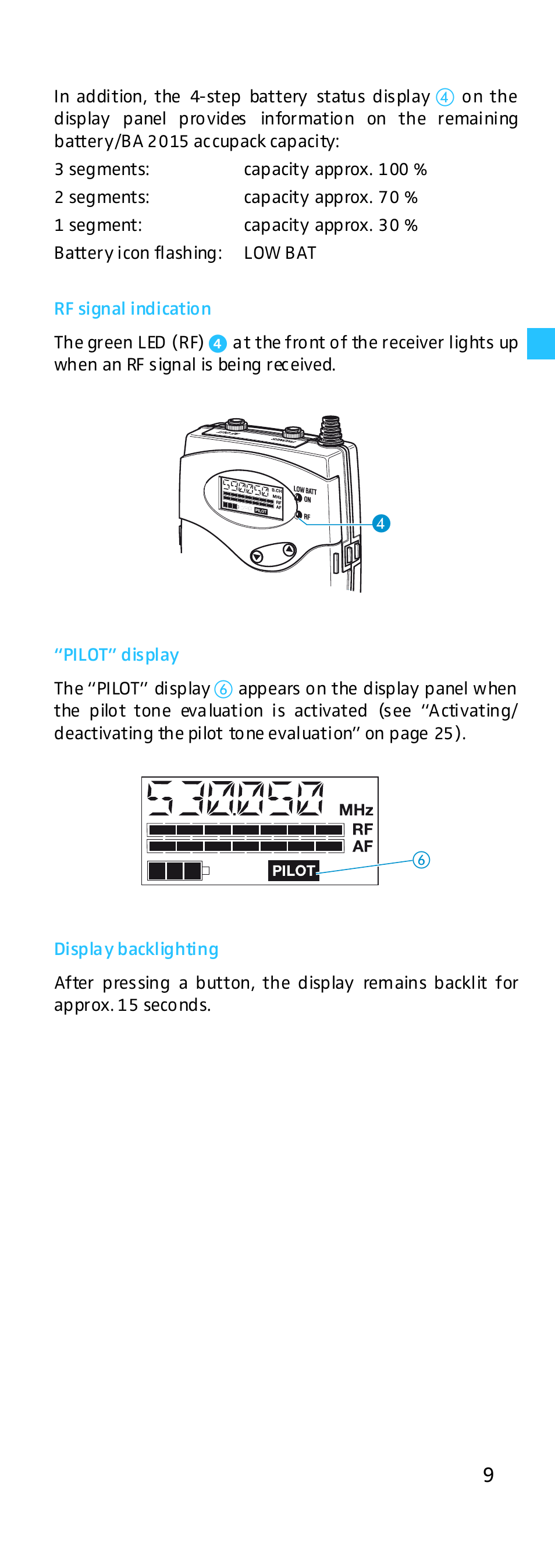 Rf signal indication, Pilot” display, Display backlighting | Sennheiser EK 500 G2 User Manual | Page 9 / 33