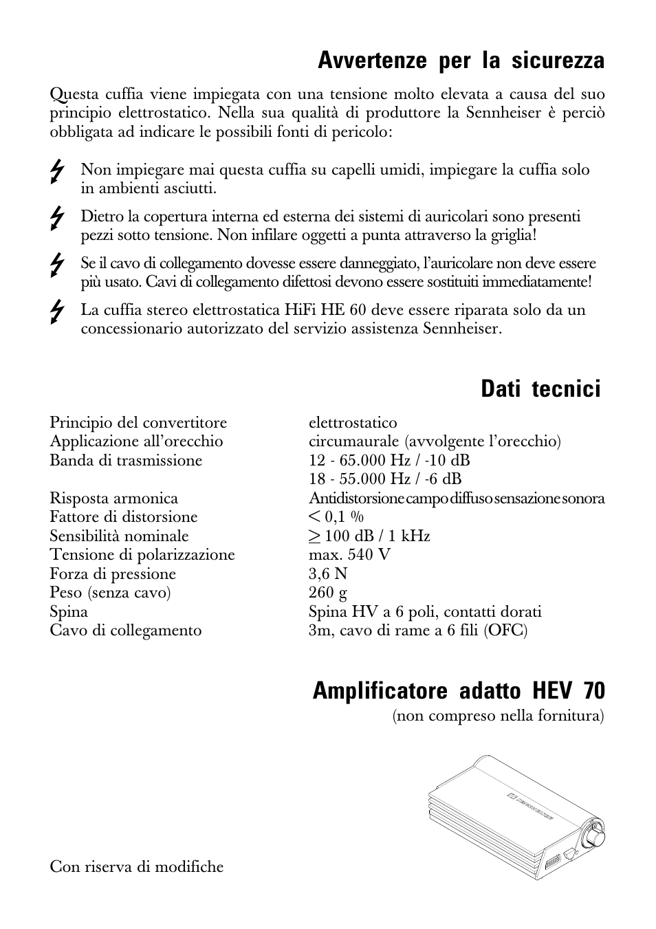 Avvertenze per la sicurezza, Dati tecnici, Amplificatore adatto hev 70 | Sennheiser GEBRAUCHSANLEITUNG HE 60 User Manual | Page 9 / 14