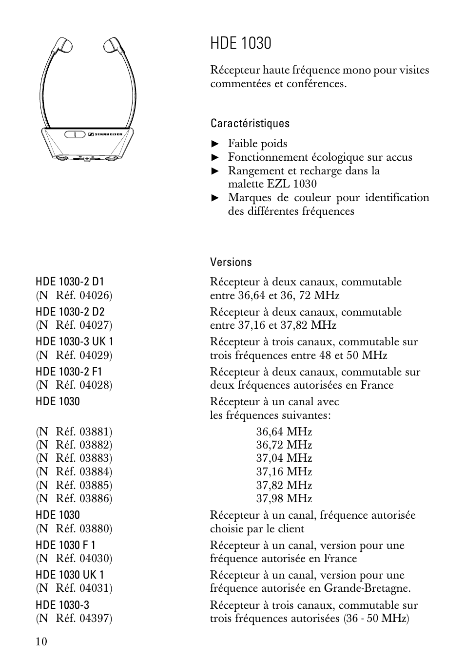 Notice d'emploi, Caractéristiques, Versions | Hde 1030 | Sennheiser HDE1030 User Manual | Page 10 / 27
