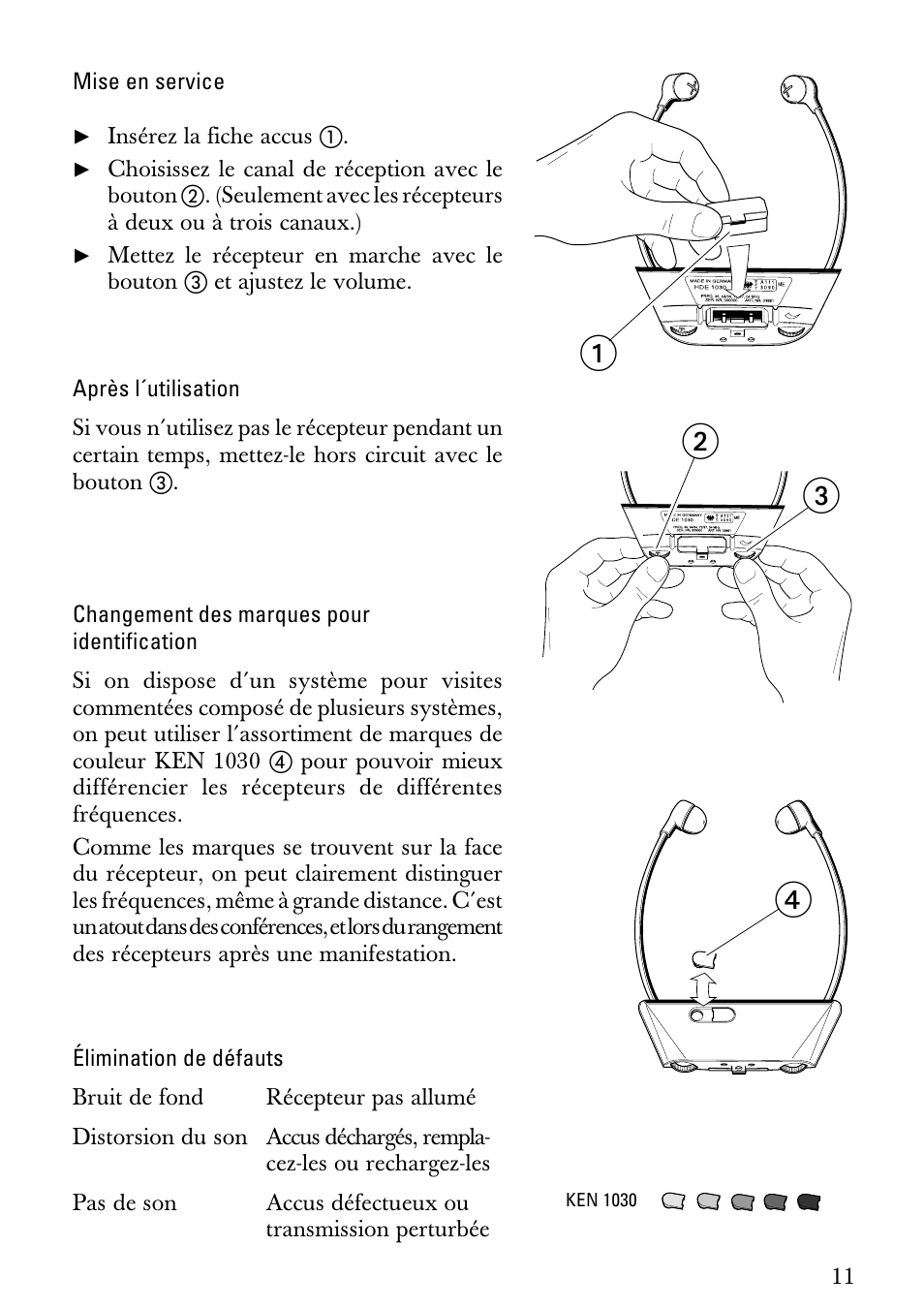 Mise en service, Après l´utilisation, Changement des marques pour identification | Élimination de défauts, ᕄᕃ ᕅ ᕆ | Sennheiser HDE1030 User Manual | Page 11 / 27