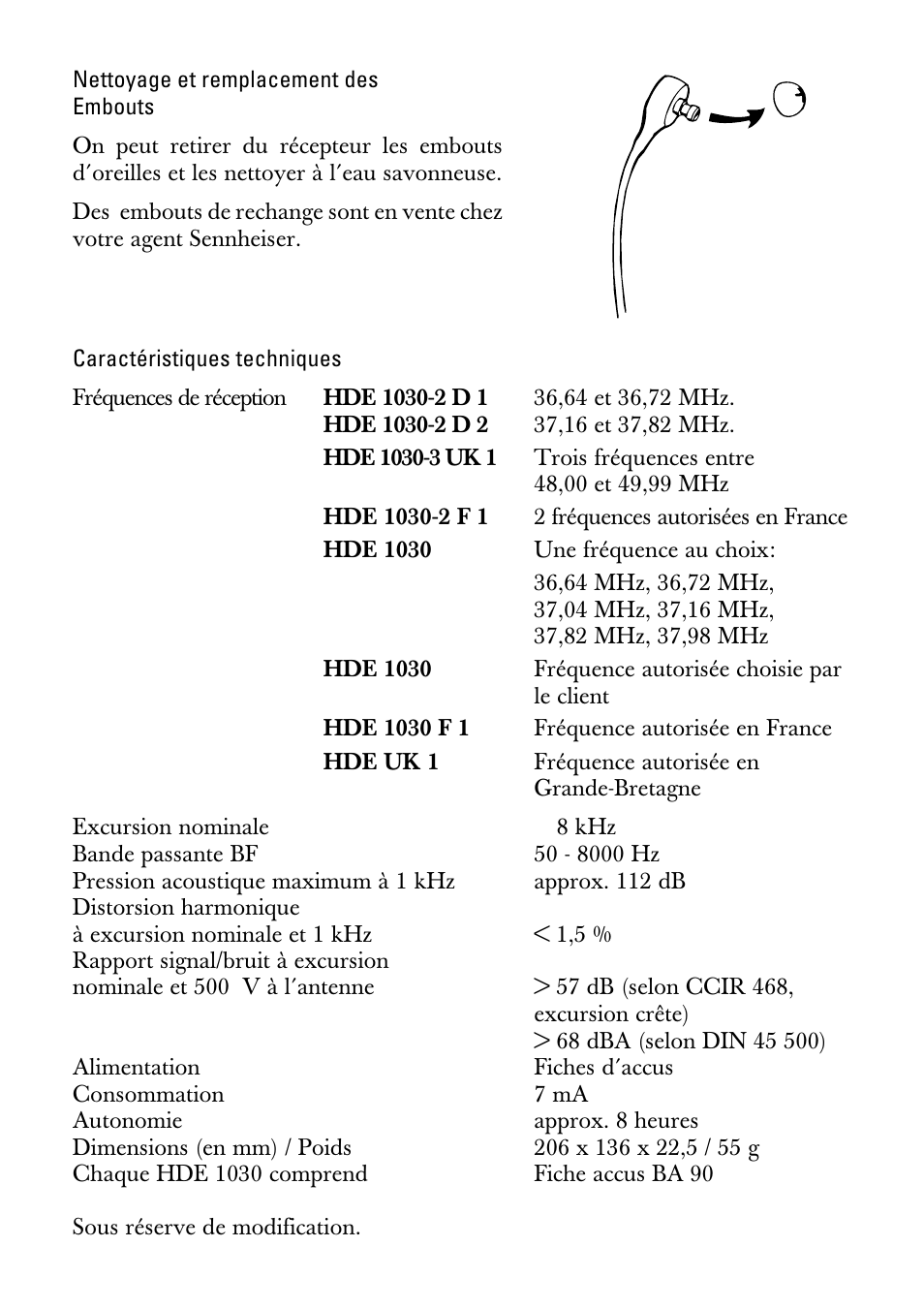 Nettoyage et remplacement des embouts, Caractéristiques techniques | Sennheiser HDE1030 User Manual | Page 13 / 27