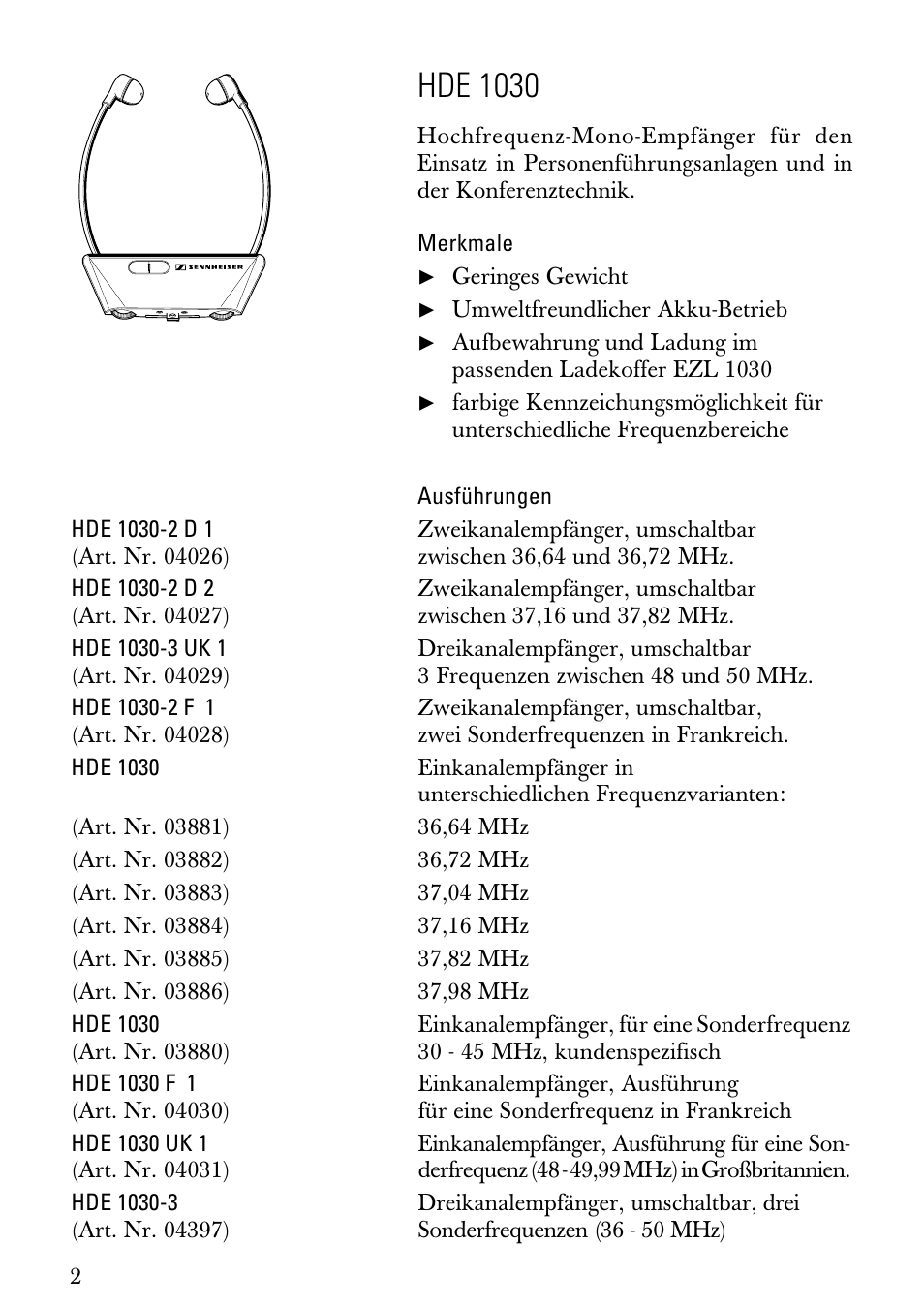 Gebrauchsanleitung, Merkmale, Ausführungen | Hde 1030 | Sennheiser HDE1030 User Manual | Page 2 / 27