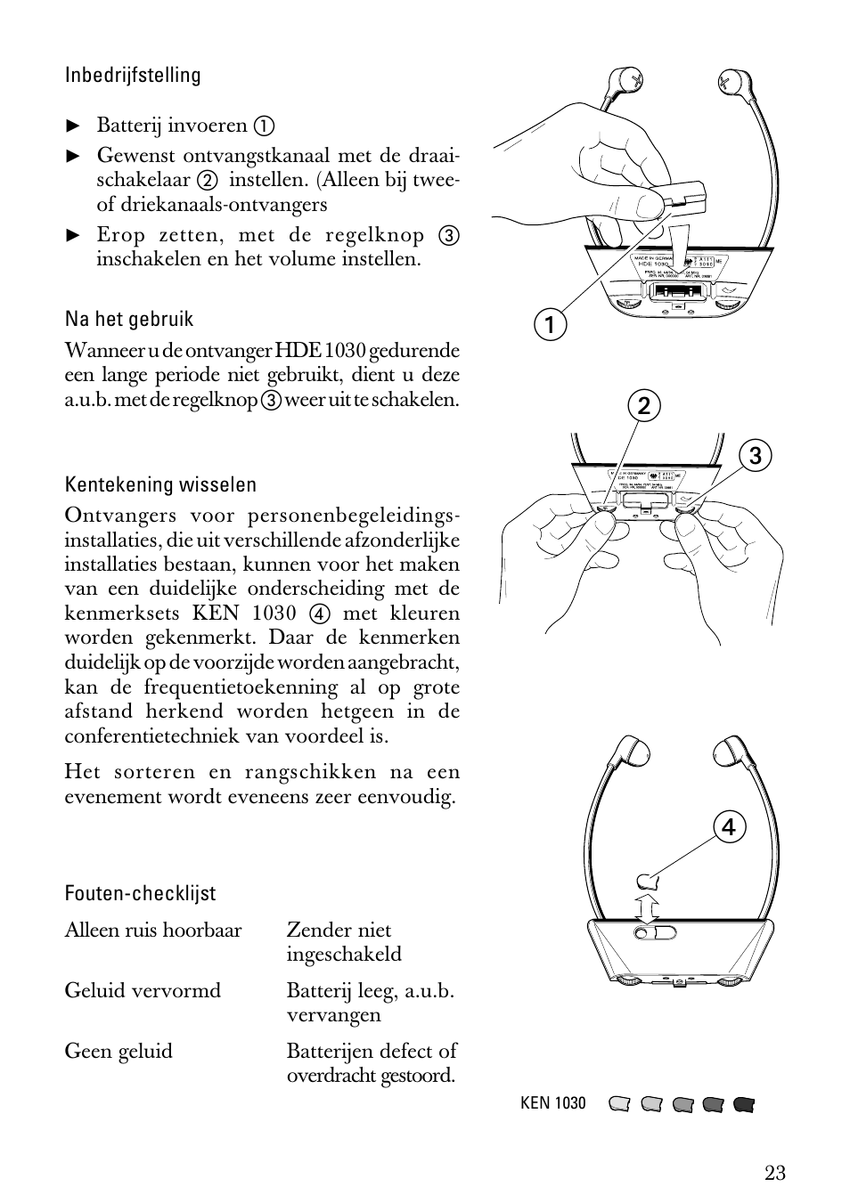 Inbedrijfstelling, Na het gebruik, Kentekening wisselen | Fouten-checklijst, ᕄᕃ ᕅ ᕆ | Sennheiser HDE1030 User Manual | Page 23 / 27