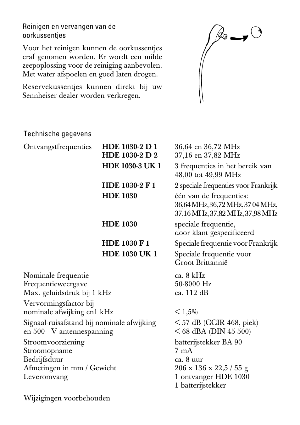 Reinigen en vervangen van de oorkussentjes, Technische gegevens | Sennheiser HDE1030 User Manual | Page 25 / 27