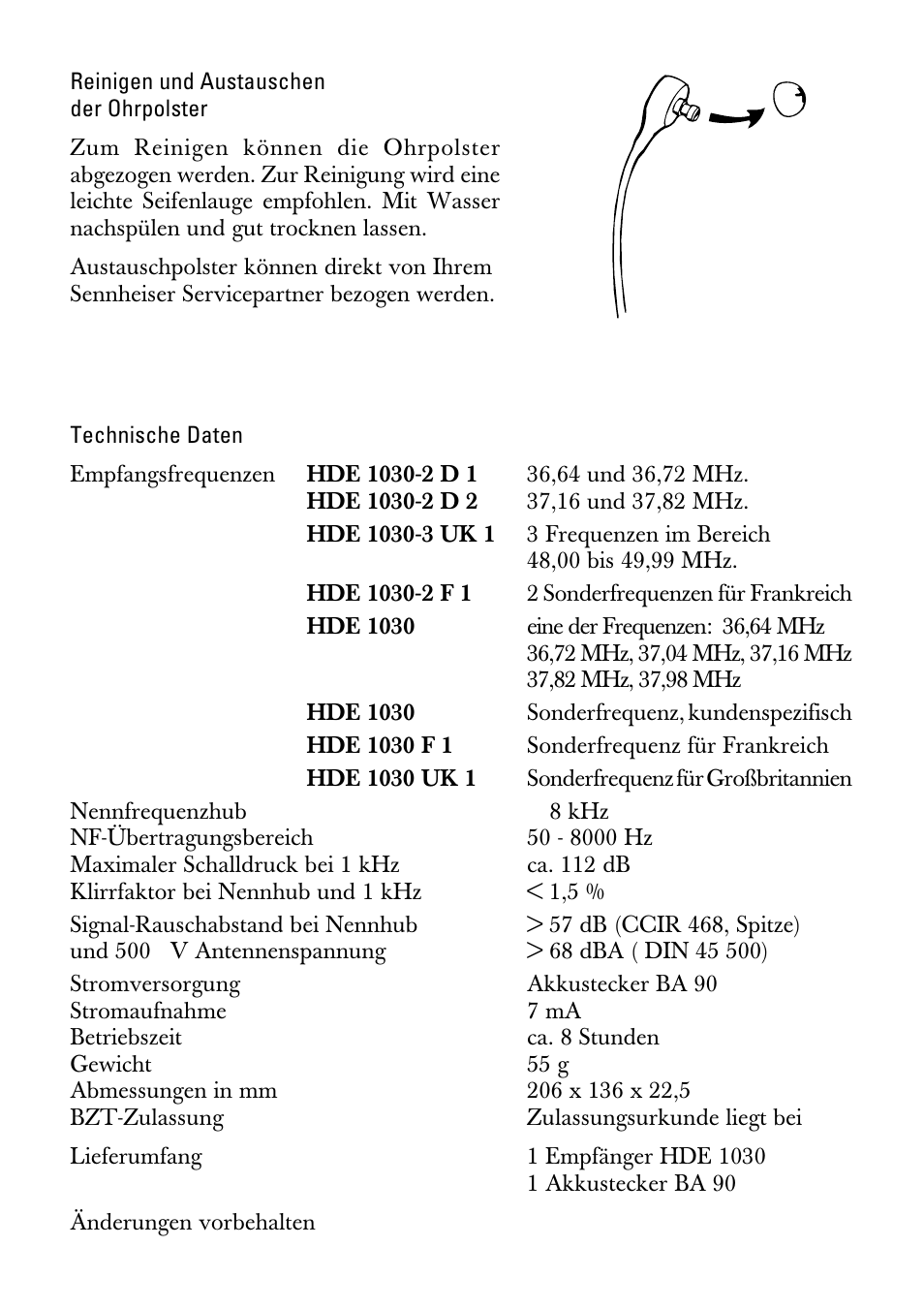 Reinigen und austauschen der ohrpolster, Technische daten | Sennheiser HDE1030 User Manual | Page 5 / 27