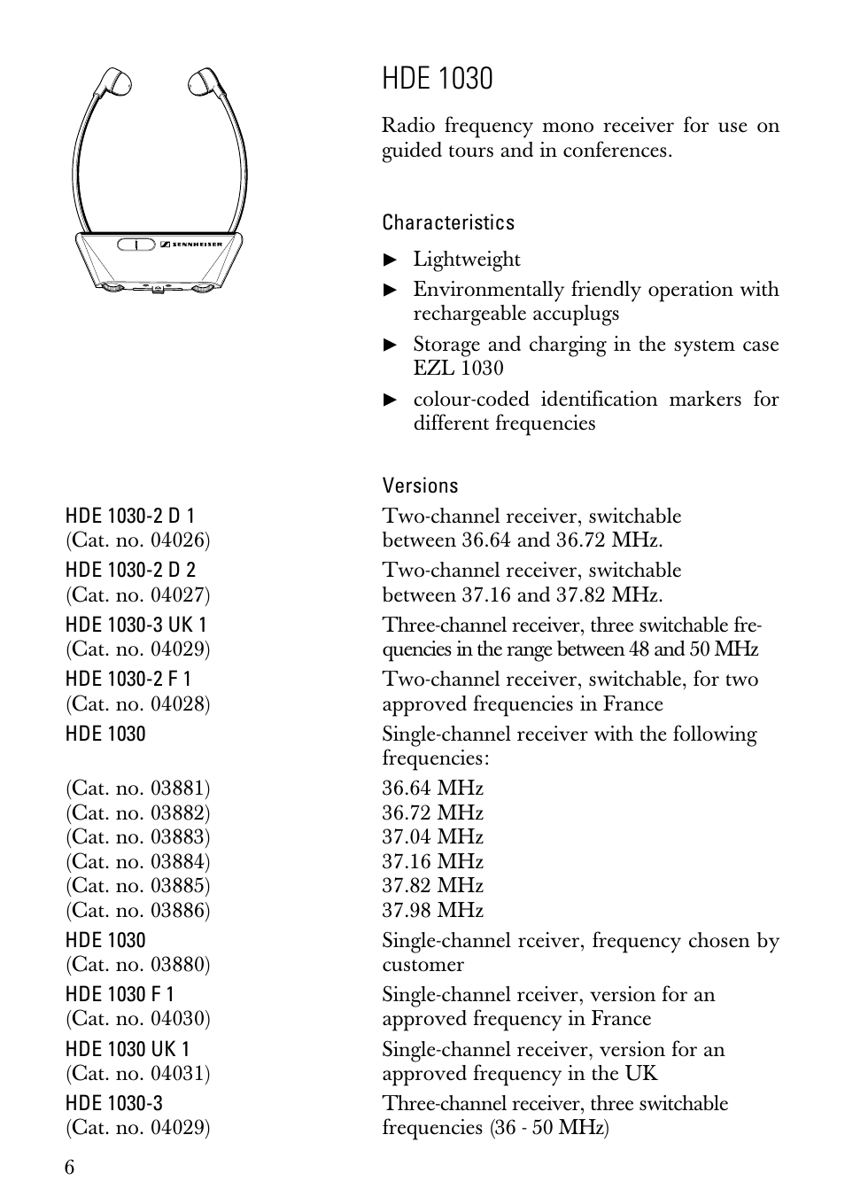 Instructions for use, Characteristics, Versions | Hde 1030 | Sennheiser HDE1030 User Manual | Page 6 / 27
