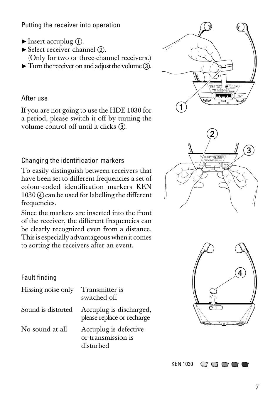 Putting the receiver into operation, After use, Changing the identification markers | Fault finding, ᕄᕃ ᕅ ᕆ | Sennheiser HDE1030 User Manual | Page 7 / 27