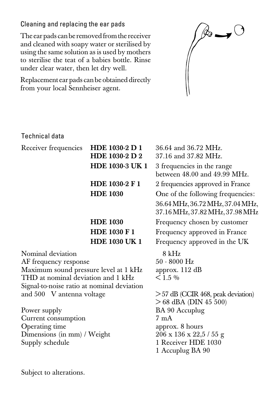 Cleaning and replacing the ear pads, Technical data | Sennheiser HDE1030 User Manual | Page 9 / 27