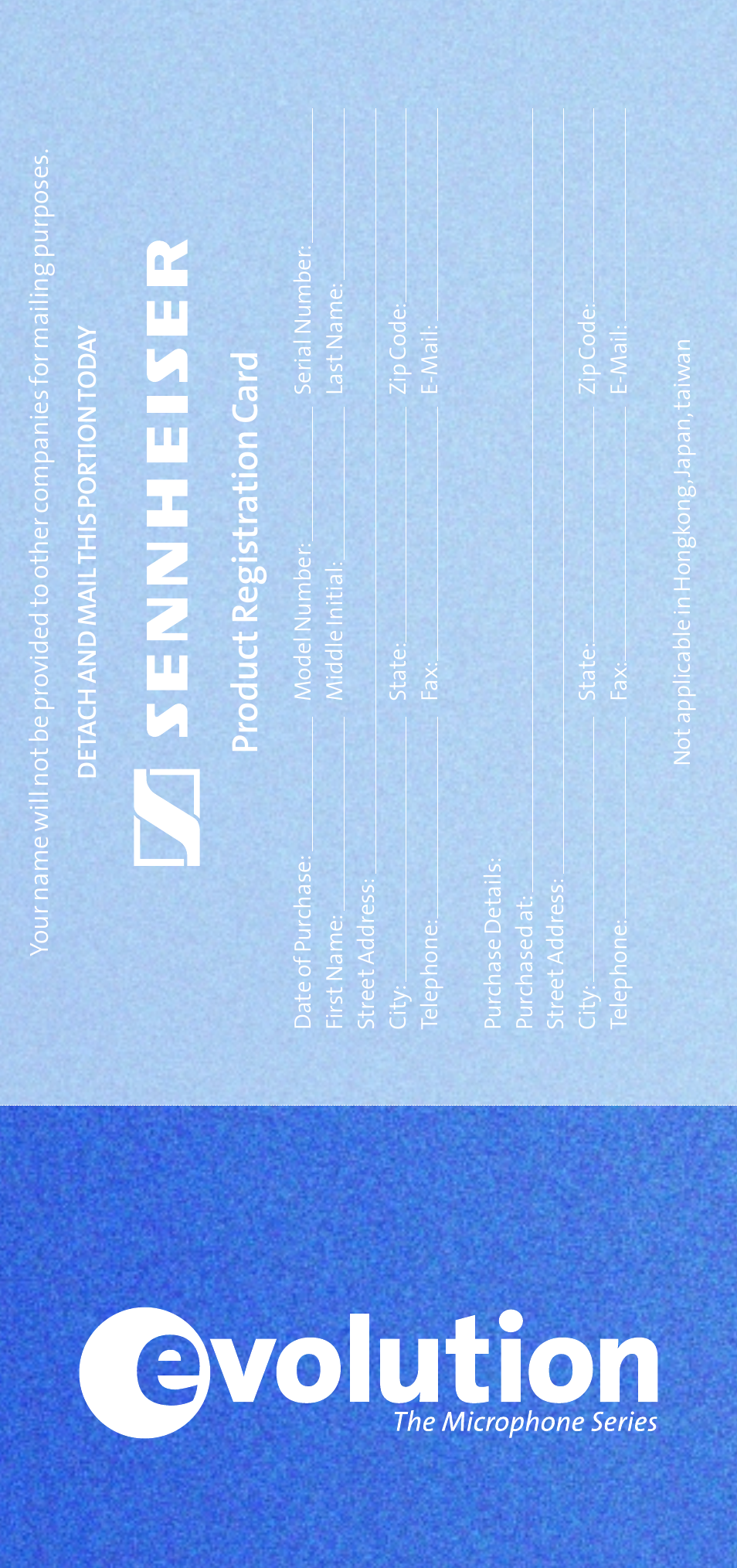 Pr oduc t r egistr a tion c a rd | Sennheiser e 855 User Manual | Page 7 / 8