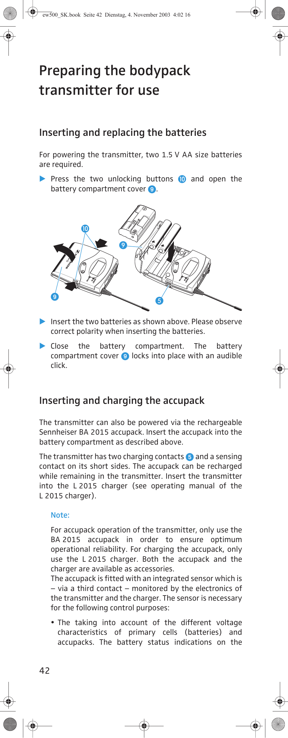 Preparing the bodypack transmitter for use, Inserting and replacing the batteries, Inserting and charging the accupack | Sennheiser SK 500 G2 User Manual | Page 10 / 29