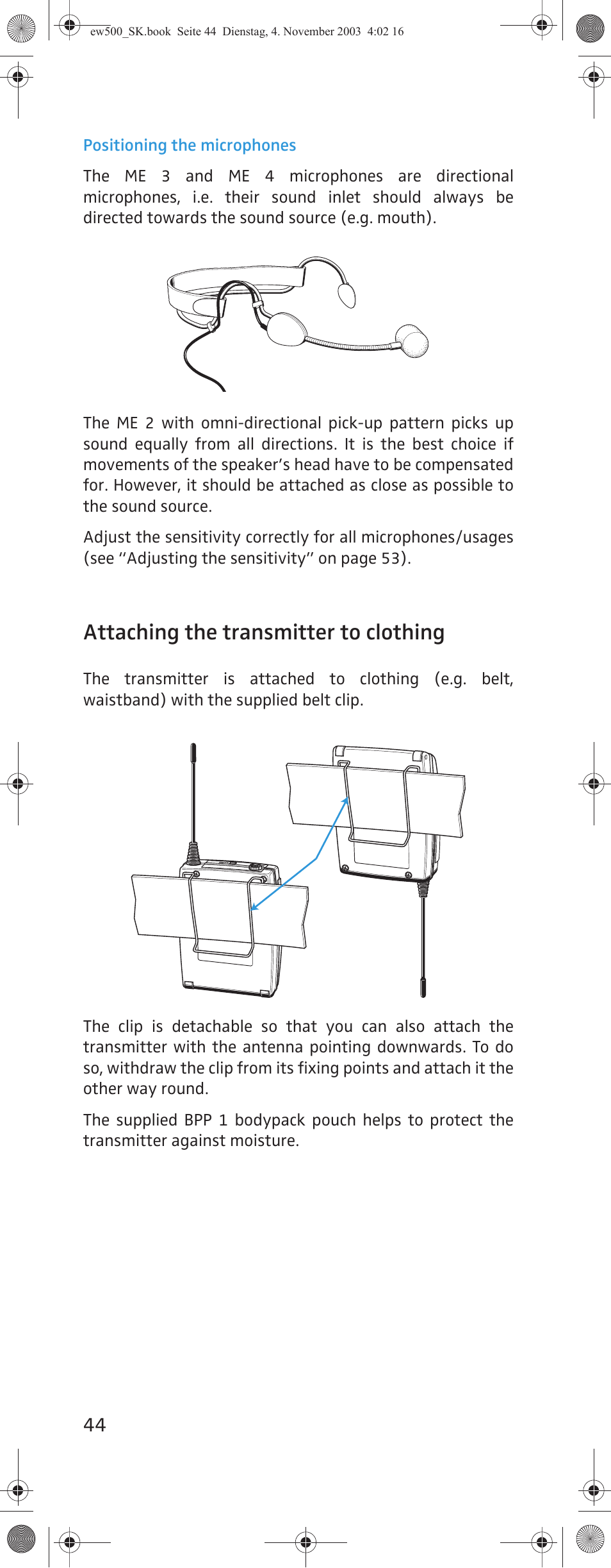 Attaching the transmitter to clothing | Sennheiser SK 500 G2 User Manual | Page 12 / 29