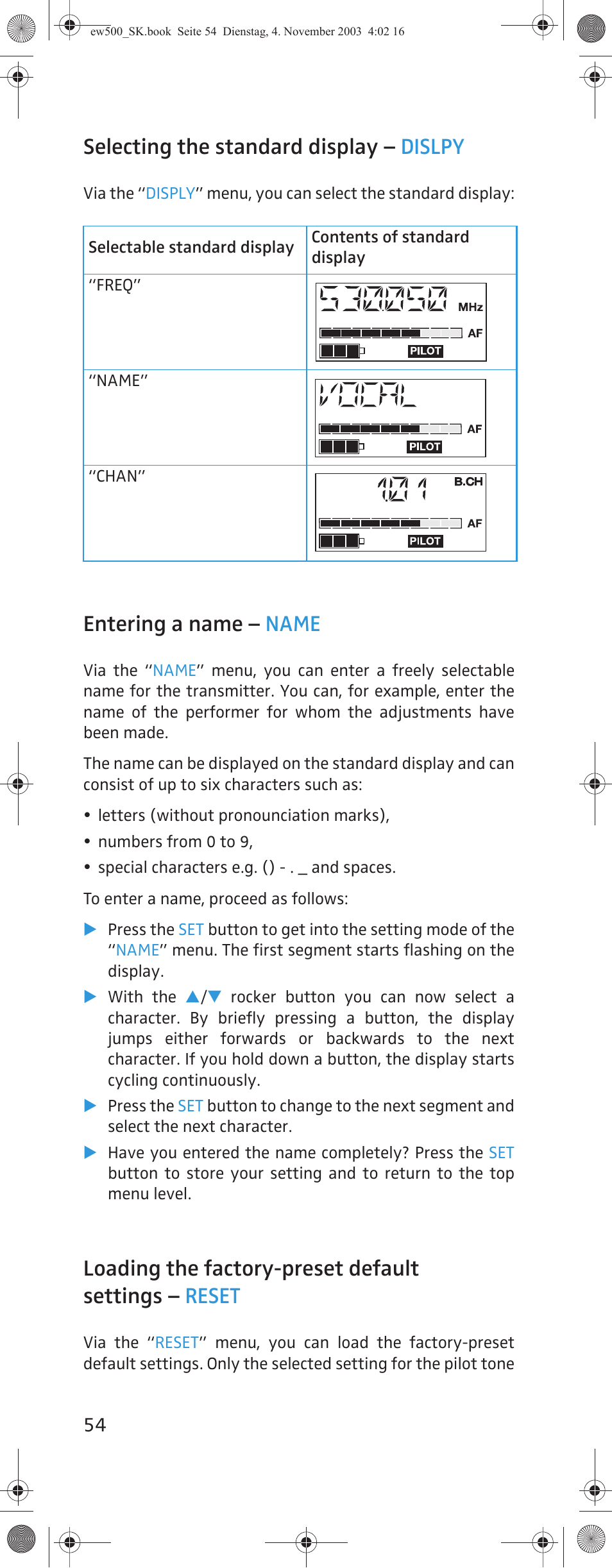 Selecting the standard display – dislpy, Entering a name – name | Sennheiser SK 500 G2 User Manual | Page 22 / 29