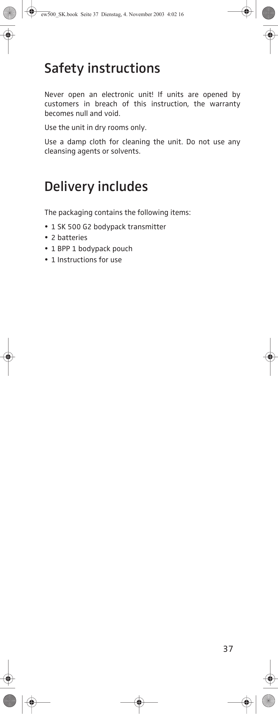 Safety instructions, Delivery includes | Sennheiser SK 500 G2 User Manual | Page 5 / 29