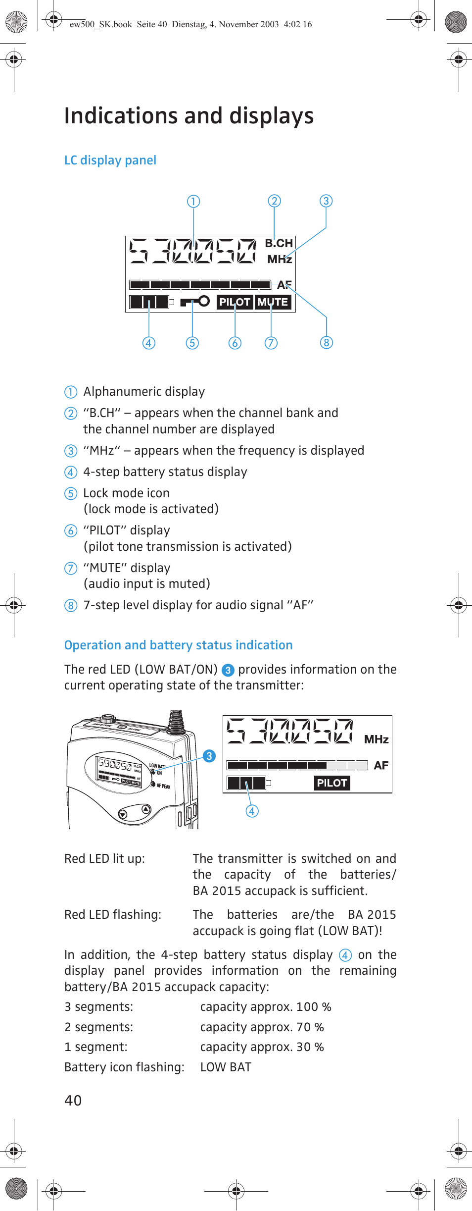 Indications and displays | Sennheiser SK 500 G2 User Manual | Page 8 / 29