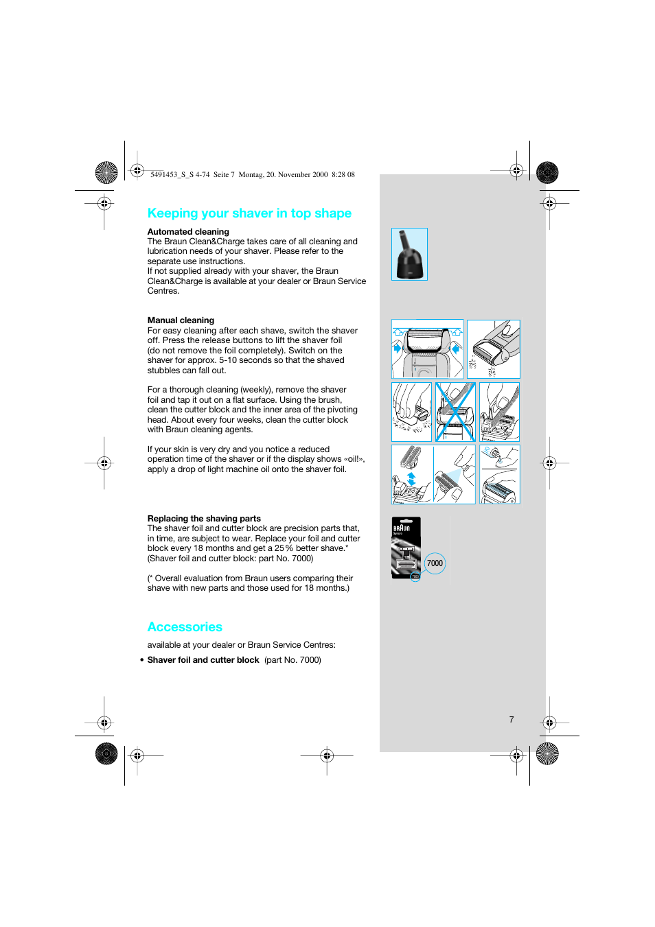Keeping your shaver in top shape, Accessories | Braun 7570 User Manual | Page 7 / 71