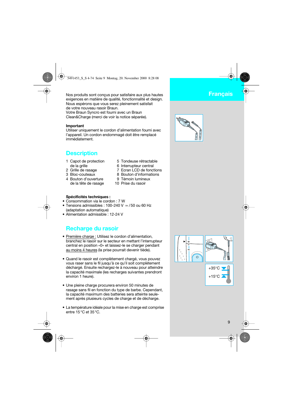 Français, Description, Recharge du rasoir | Braun 7570 User Manual | Page 9 / 71