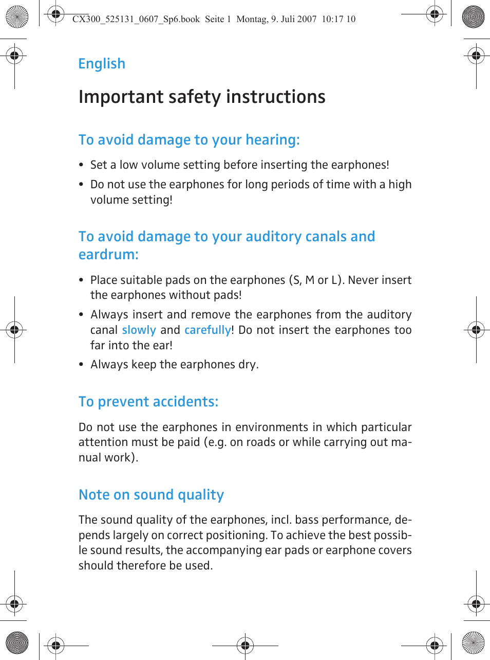 Important safety instructions, English | Sennheiser CX 400 User Manual | Page 2 / 3