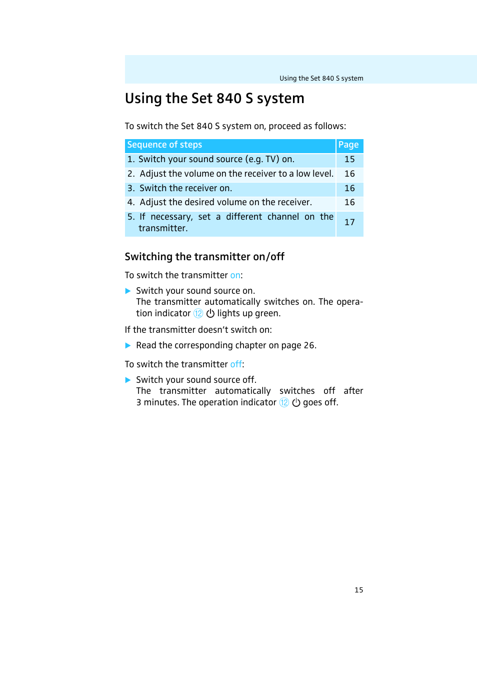 Using the set 840 s system, Switching the transmitter on/off | Sennheiser 502011 User Manual | Page 18 / 41