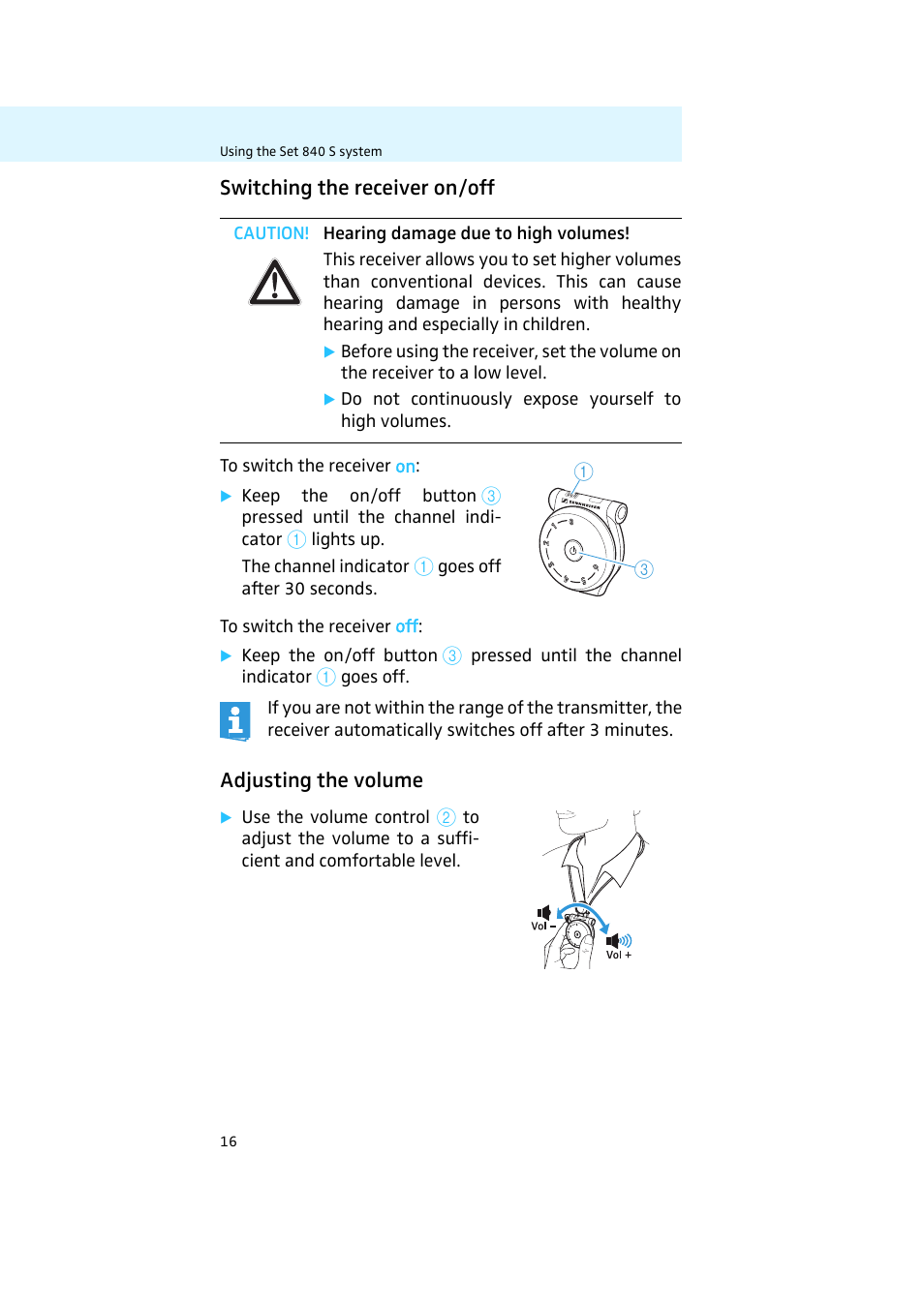 Switching the receiver on/off, Adjusting the volume | Sennheiser 502011 User Manual | Page 19 / 41