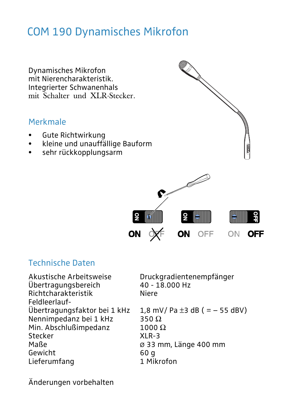 Com 190 dynamisches mikrofon | Sennheiser COM 190 User Manual | Page 2 / 8