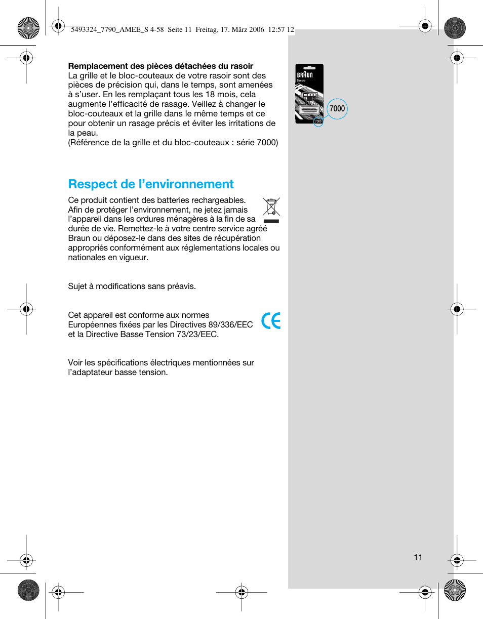 Respect de l’environnement | Braun 7785 User Manual | Page 11 / 57