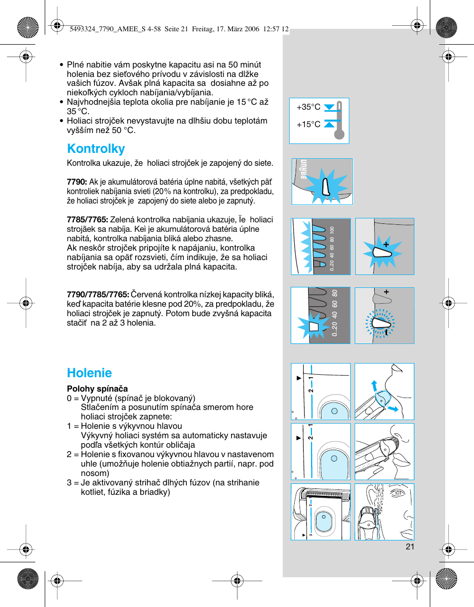 Kontrolky, Holenie | Braun 7785 User Manual | Page 21 / 57