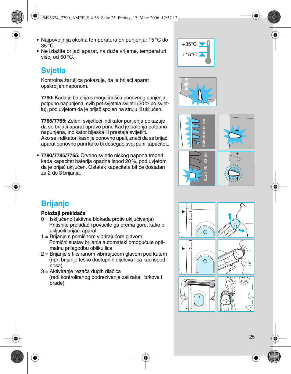 Svjetla, Brijanje | Braun 7785 User Manual | Page 25 / 57