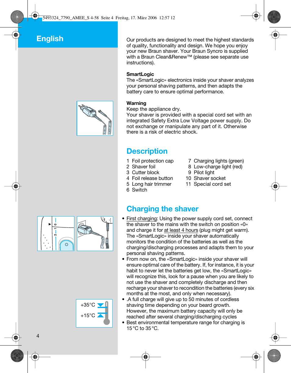 Description, Charging the shaver, English | Braun 7785 User Manual | Page 4 / 57