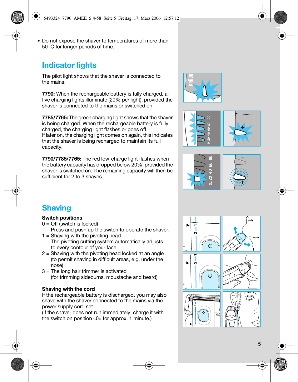 Indicator lights, Shaving | Braun 7785 User Manual | Page 5 / 57