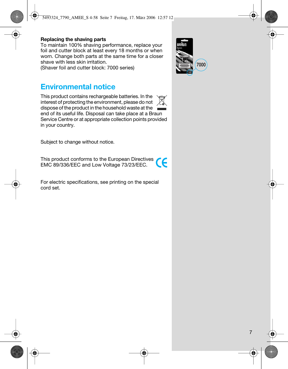 Environmental notice | Braun 7785 User Manual | Page 7 / 57