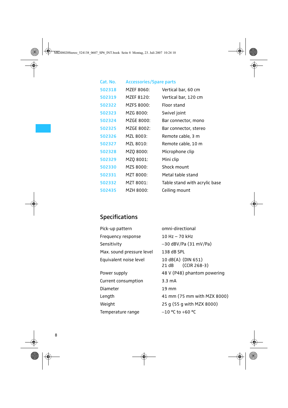 Specifications | Sennheiser MKH 8020 User Manual | Page 10 / 13