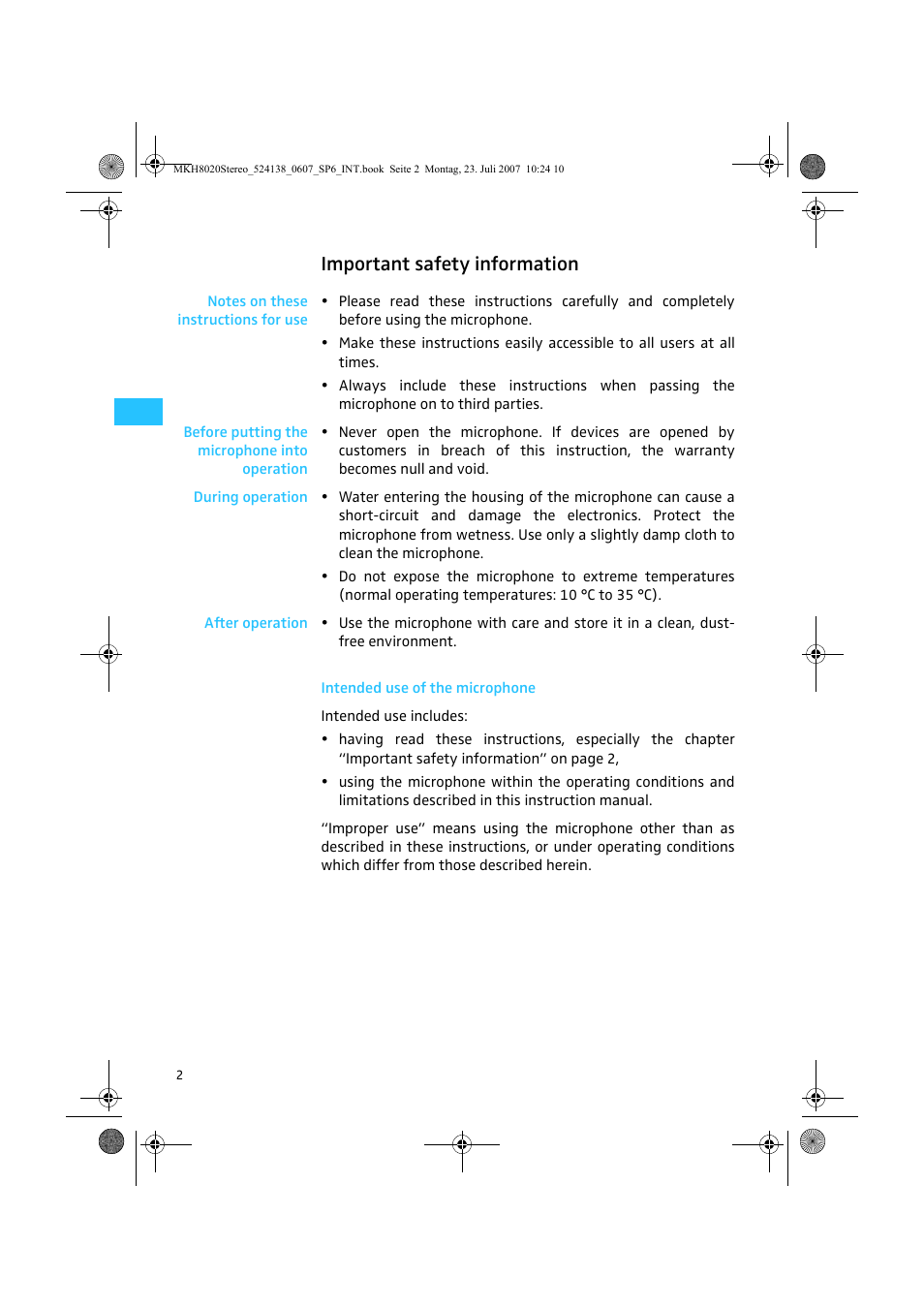 Important safety information | Sennheiser MKH 8020 User Manual | Page 4 / 13