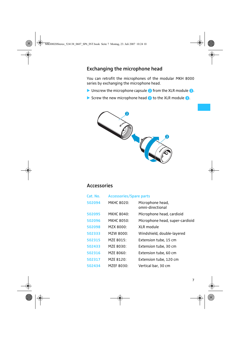 Exchanging the microphone head, Accessories | Sennheiser MKH 8020 User Manual | Page 9 / 13