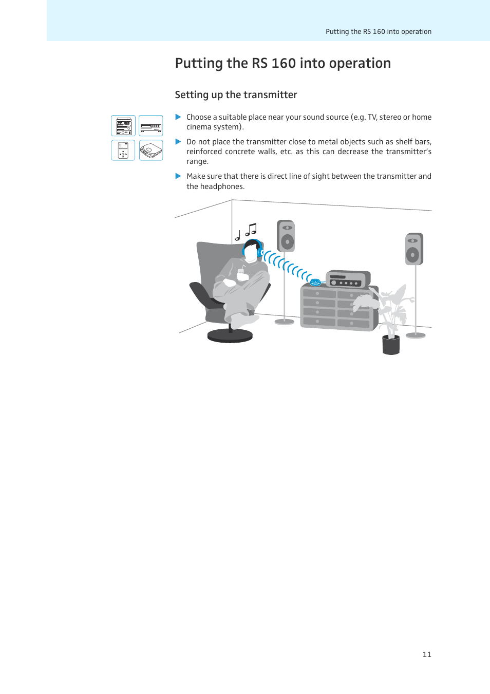 Putting the rs 160 into operation, Setting up the transmitter | Sennheiser 502873 User Manual | Page 12 / 36